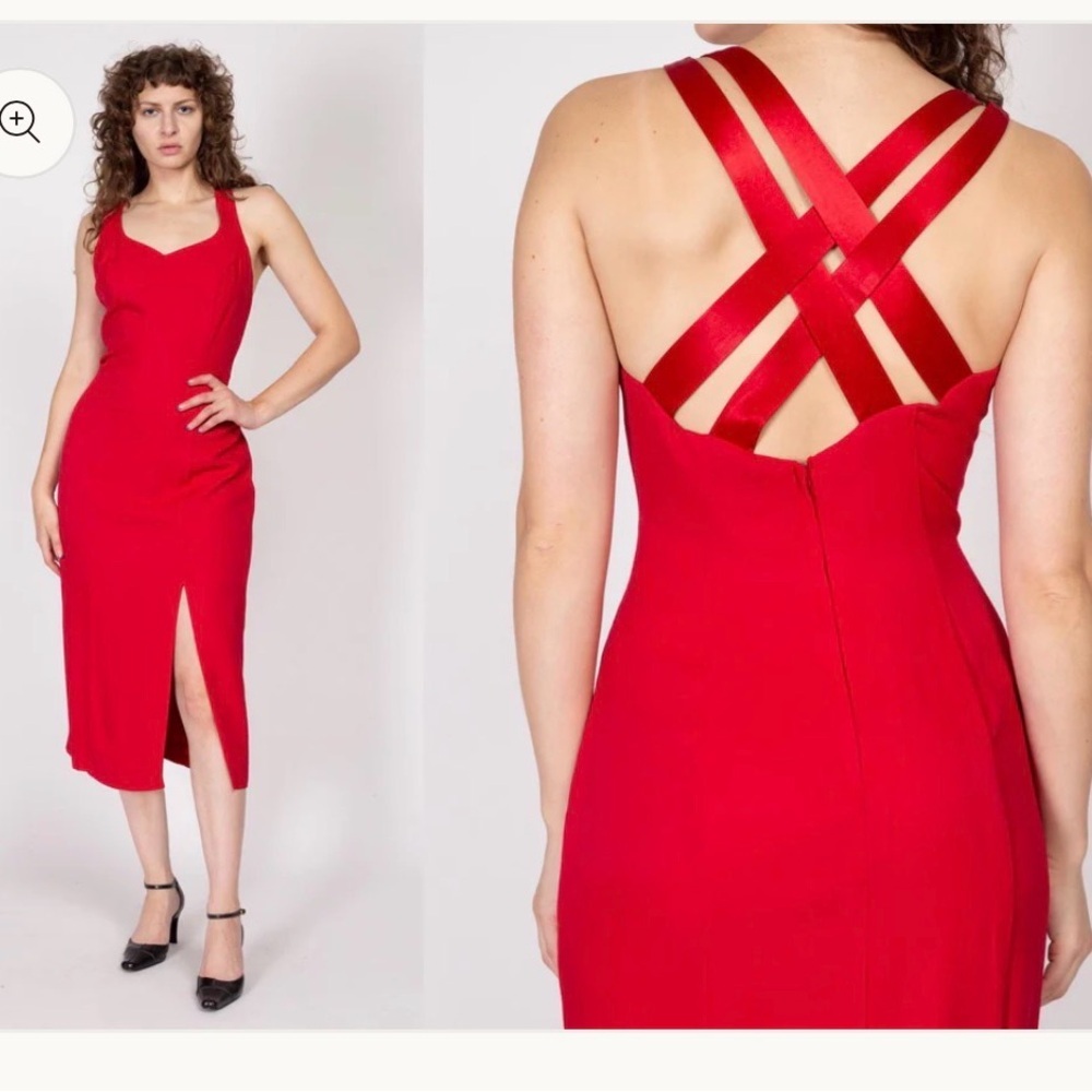 Vintage 90s CDC Red Strappy Midi Cocktail Dress Front Split size 2